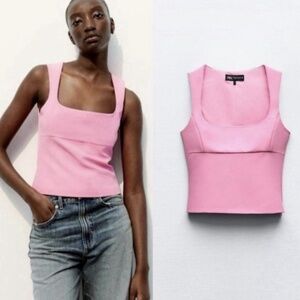 Zara Women's Pink Square Neck Top Size Large Sleeveless Blouse Shirt